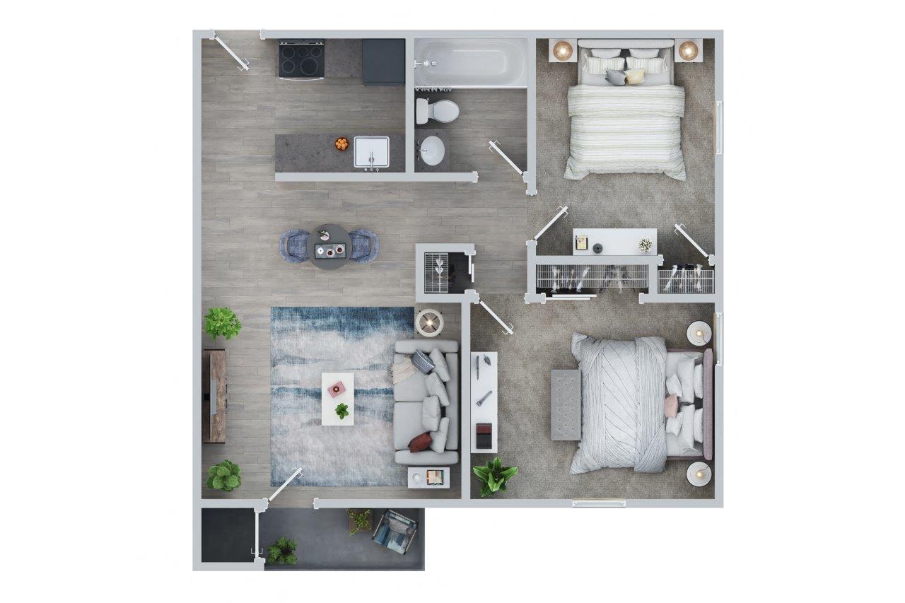 Floor plan for 2 beds, 1 bath, 741 sqft